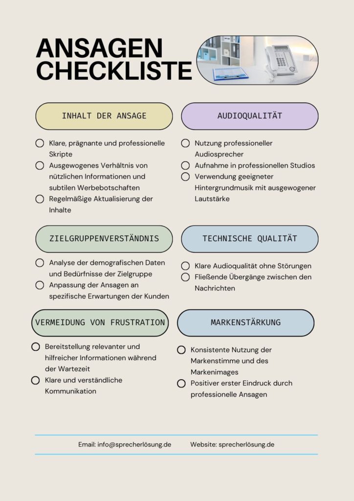 Checkliste mit dem Titel „Ansagen Checkliste“ auf Deutsch mit detaillierten Abschnitten zu Inhalt, Audioqualität, Zielgruppenverständnis, technischer Qualität, Frustrationsvermeidung und Markenstärkung.