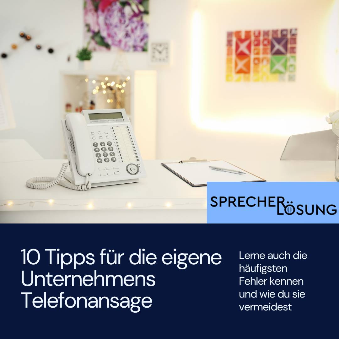 Ein weißer Bürotisch mit einem Festnetztelefon und einem Ordner darauf. Der Text lautet „10 Tipps für die eigene Unternehmens-Telefonberatung“ und erwähnt, wie man häufige Fehler vermeiden kann.