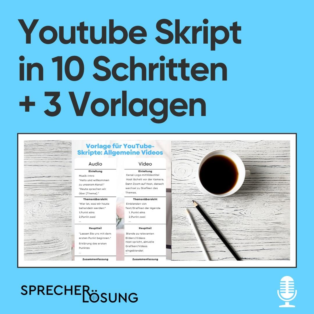 Eine Anleitung mit dem Titel „Youtube Skript in 10 Schritten + 3 Vorlagen“ mit einem Bild einer Skriptvorlage und einer Kaffeetasse, einem Stift und einem Notizbuch. Ein Mikrofonsymbol und das Logo „Sprecher Lösung“ sind ebenfalls sichtbar.