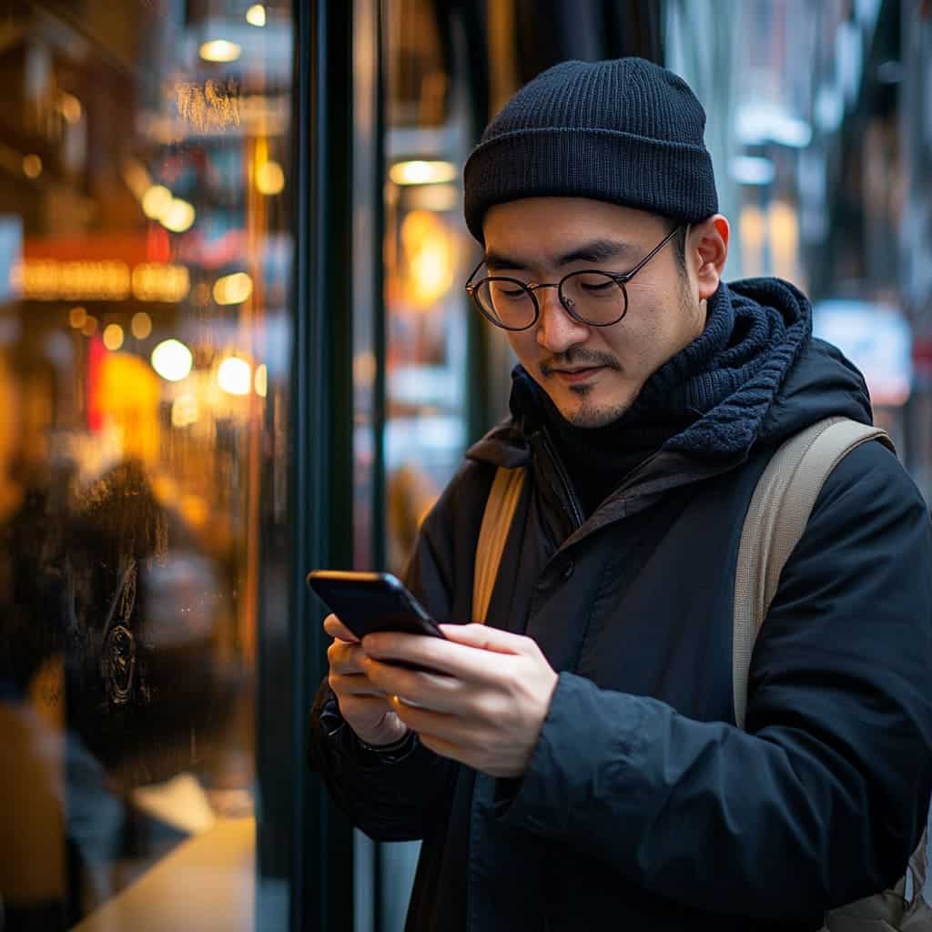 Ein Mann mit schwarzer Beanie, runder Brille und dunklem Mantel steht draußen neben einem Schaufenster und schaut auf sein Smartphone. Die Straße ist schwach beleuchtet und wirkt belebt, mit verschwommenen Lichtern und Menschen im Hintergrund. Er trägt einen Rucksack auf den Schultern.