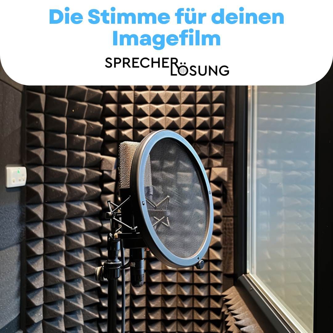 Ein Tonstudio mit schalldichtem Schaumstoff an den Wänden, Mikrofon und Pop-Filter. Der deutsche Text lautet: „Die Stimme für deinen Imagefilm“ und „SPRECHERLÖSUNG“.