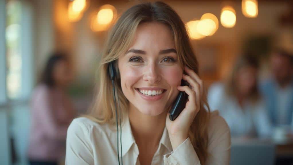 Eine freundliche Kundendienstmitarbeiterin mit Headset sitzt an einem modernen Schreibtisch in einem hellen Büro. Sie lächelt warm, während sie telefoniert, was die Bedeutung einer positiven Telefonbegrüßung für die Kundengewinnung unterstreicht.