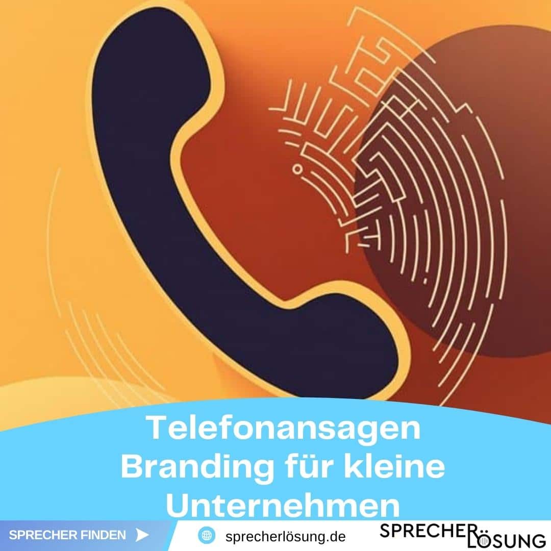 Abbildung eines Telefonhörers mit Wellenmuster, begleitet vom Text „Telefonansagen Branding für kleine Unternehmen“ auf blauem Hintergrund. Das Bild wirbt für Sprachlösungen für kleine Unternehmen.