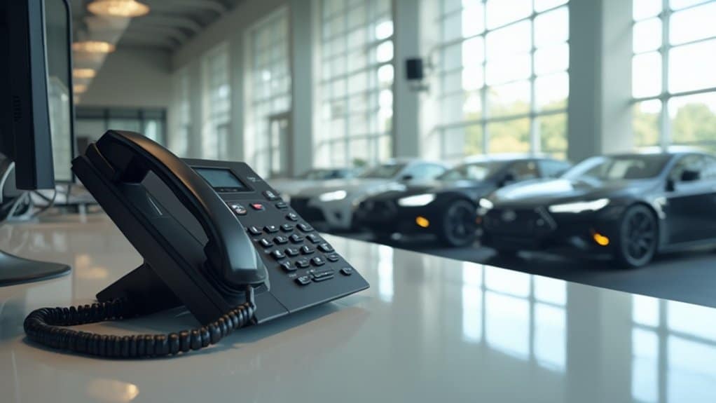 Ein schwarzes Bürotelefon steht auf einem glänzend weißen Schreibtisch in einem modernen Autohaus, in dem professioneller Service im Mittelpunkt steht. Mehrere elegante Autos, hauptsächlich in dunkleren Farbtönen, stehen vor großen Fenstern, die Tageslicht hereinlassen und eine helle, luftige Atmosphäre schaffen, die typisch für gehobene Autohäuser ist.