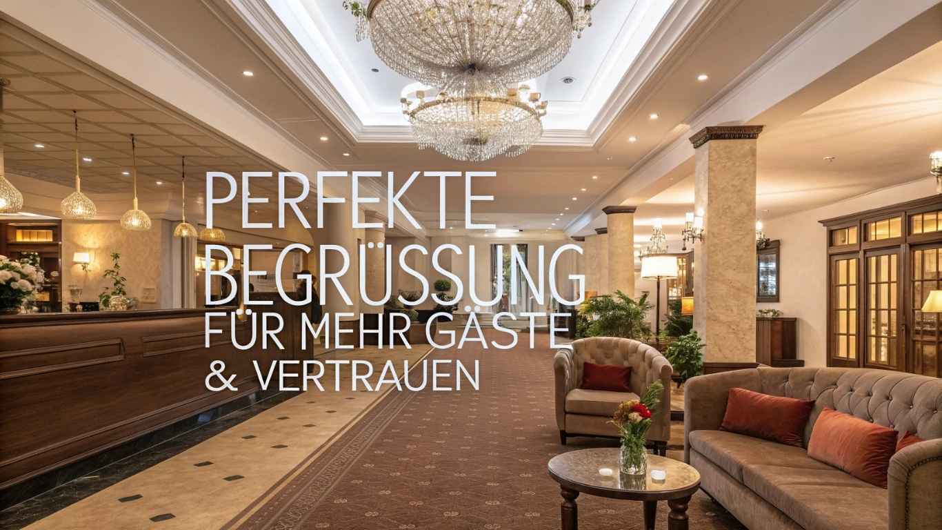 Luxuriöse Hotellobby mit warmer Beleuchtung, eleganten Kronleuchtern und bequemen Sitzgelegenheiten. Der Text auf Deutsch lautet: „Perfekte Begrüßung für mehr Gäste & Vertrauen.“.